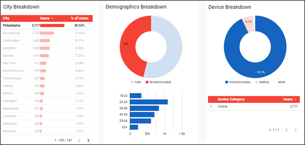 City, Demographic, and Device breakdown charts in Google Data Studio
