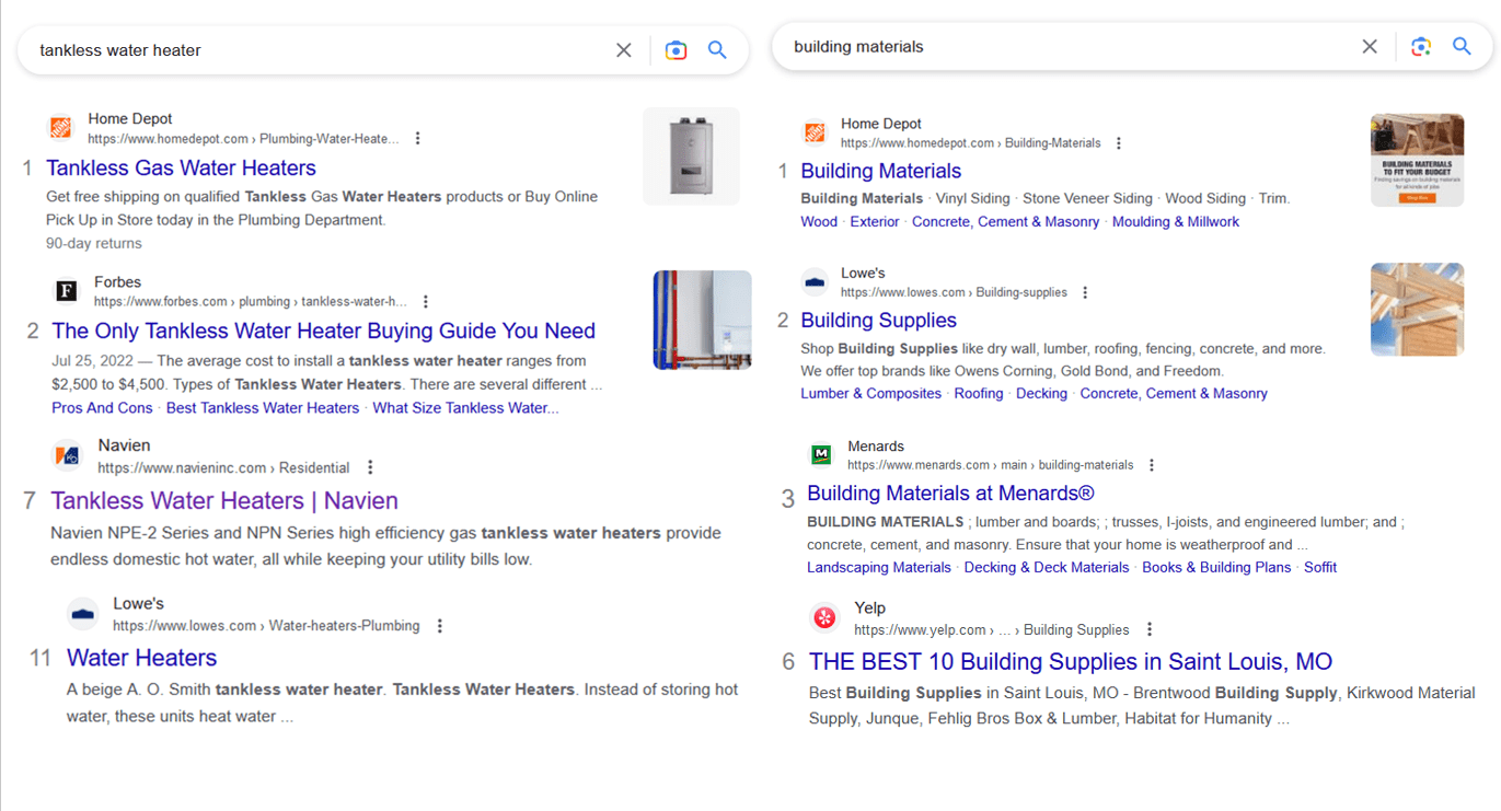 Google search results for 'tankless water heater' and 'building materials'