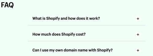 Shopify landing page FAQ example