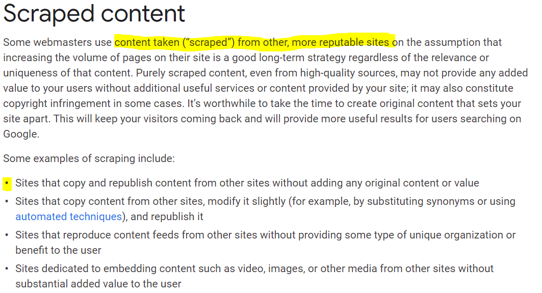 Googles definition of scraped content