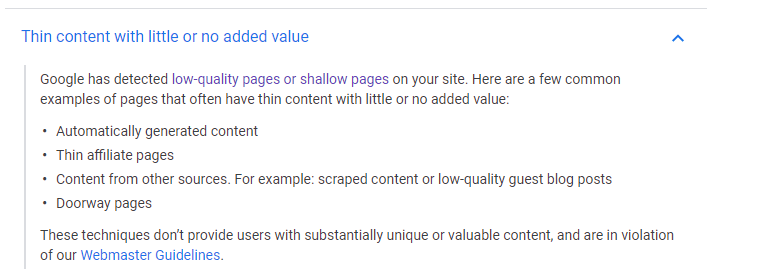 Thin content with little or no added value Google Violation