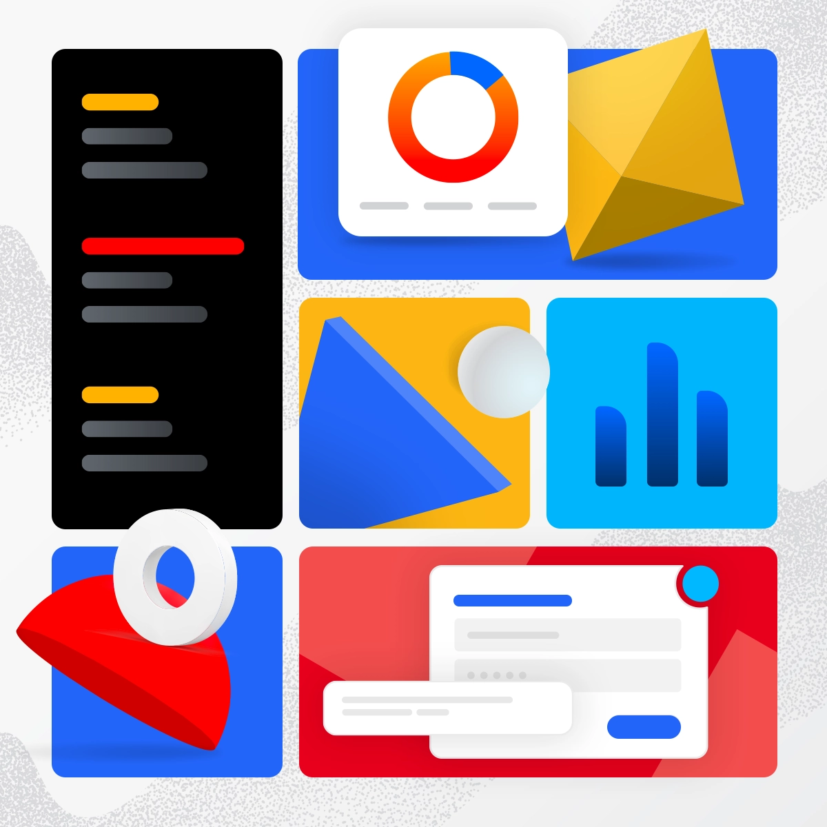 multicolored, abstract application graphics arranged in a grid