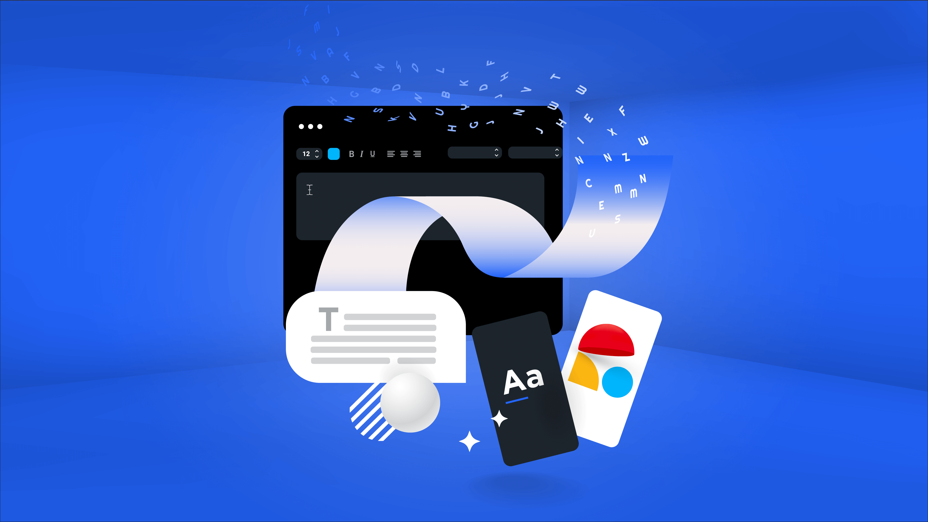 Creative digital interface with floating text and design icons.