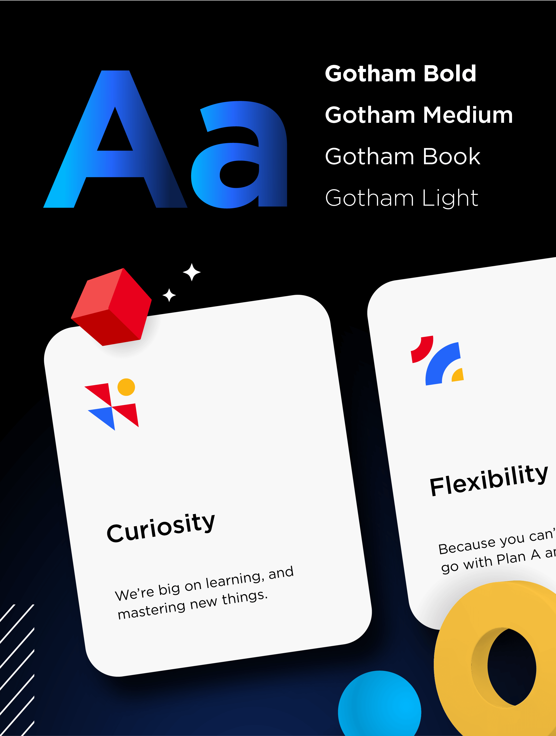 Gotham type samples with branded value cards and geometric shapes.