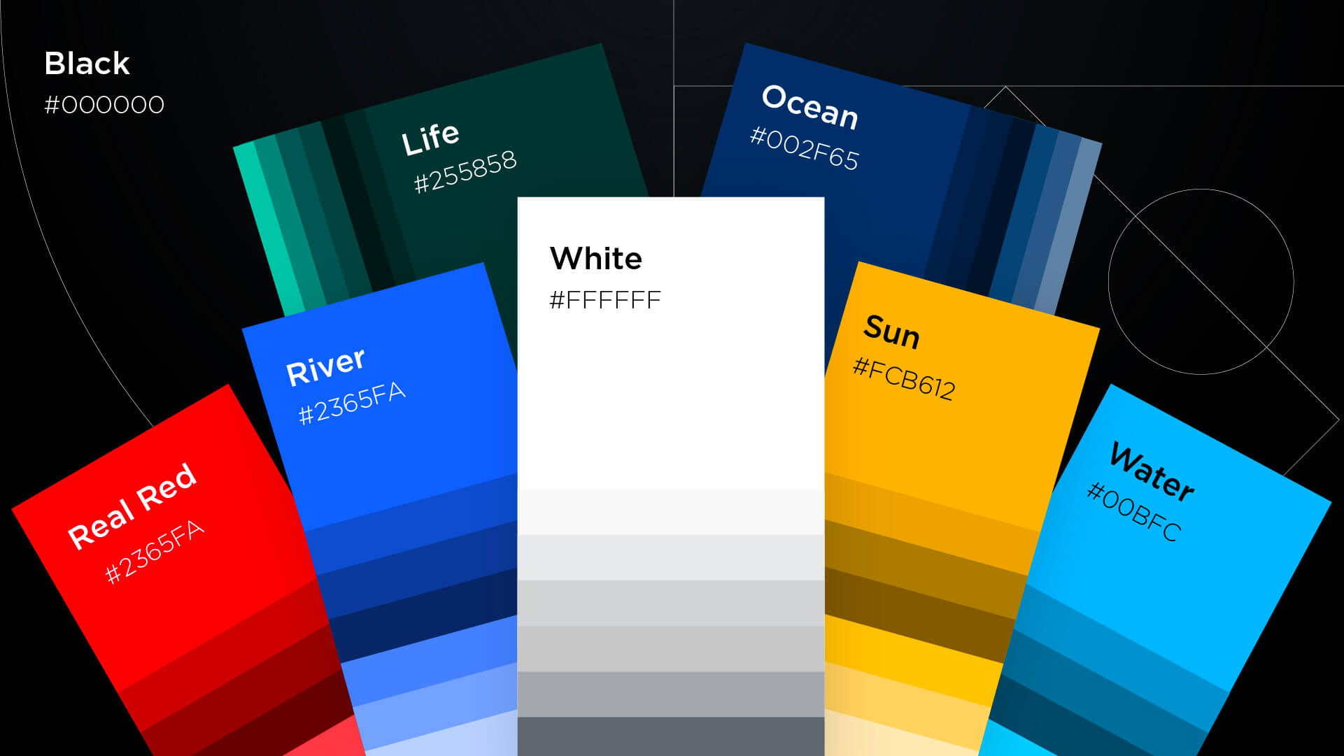 Brand color palette with labeled gradient swatches.