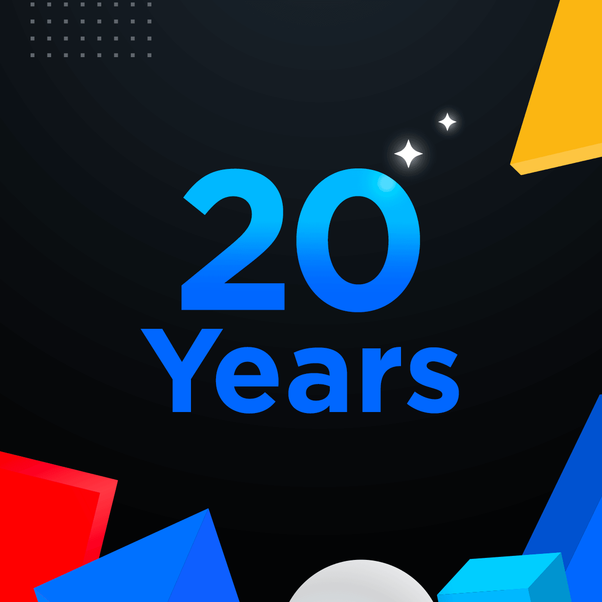 The words "20 years" on a black background with abstract multicolor shapes around the border