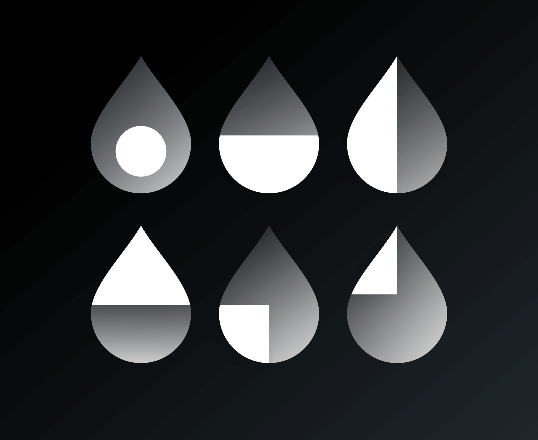 Six grayscale droplet icons in varied geometric styles.