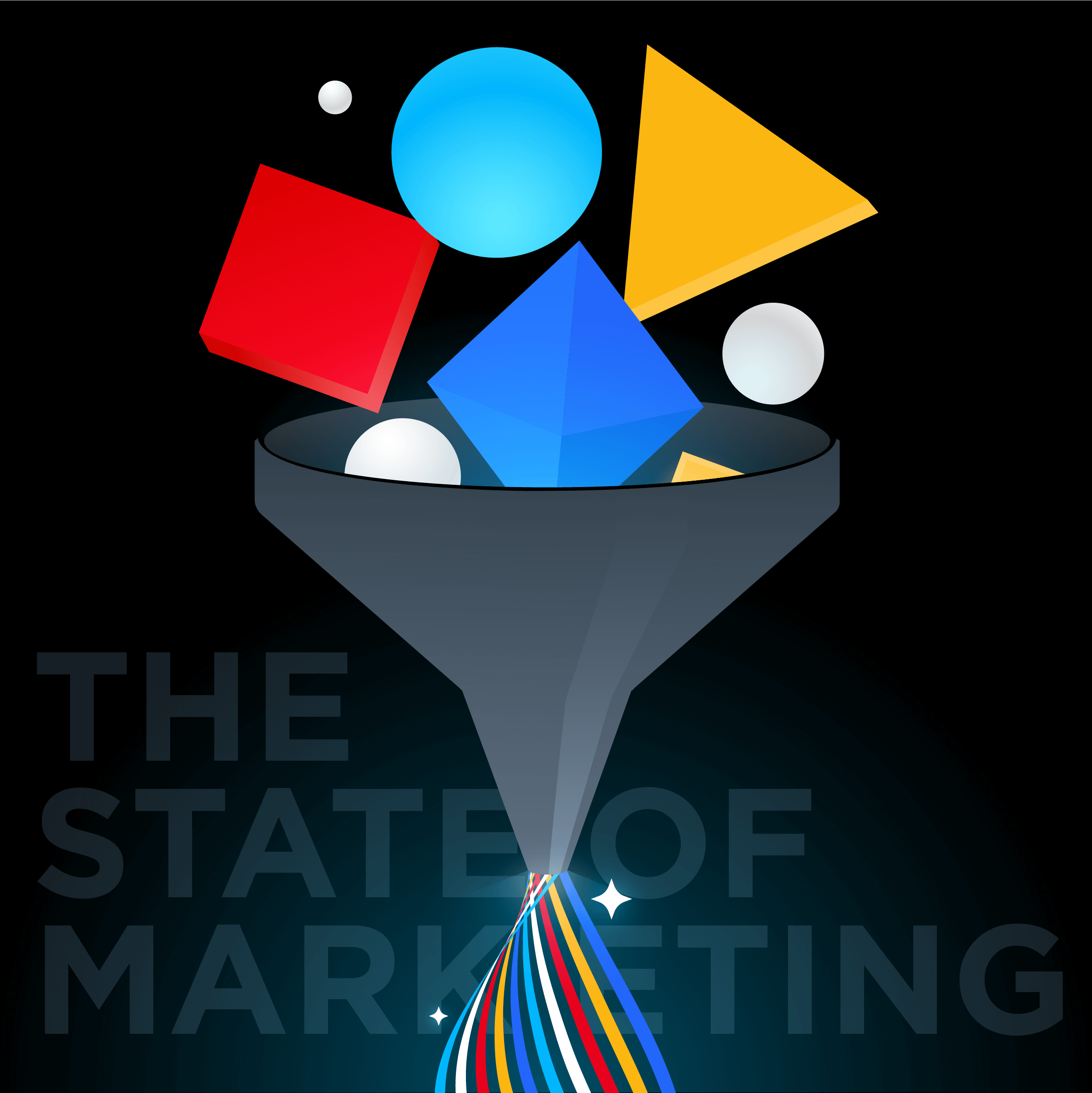 a vector graphic of Platonic solids falling into a funnel to produce a rainbow, superimposed on text 'the state of marketing'