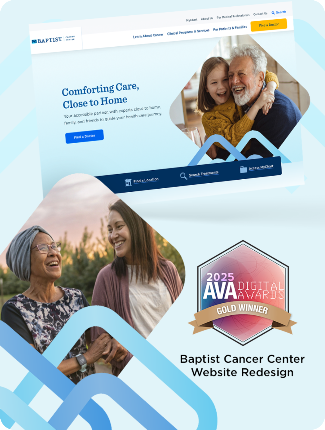 Baptist Cancer Center website redesign with homepage showing care messaging, patient imagery, and 2025 AVA Digital Awards Gold Winner badge