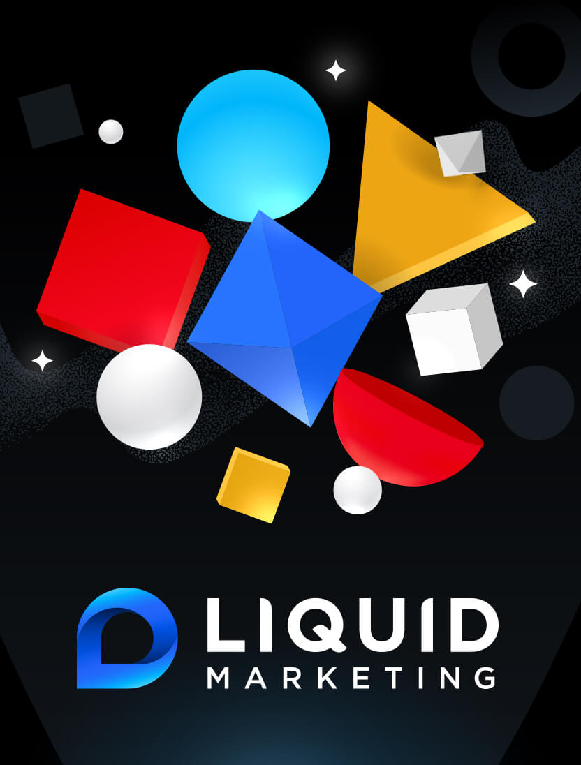 Colorful 3D geometric shapes above the Liquid Marketing logo on a dark background.