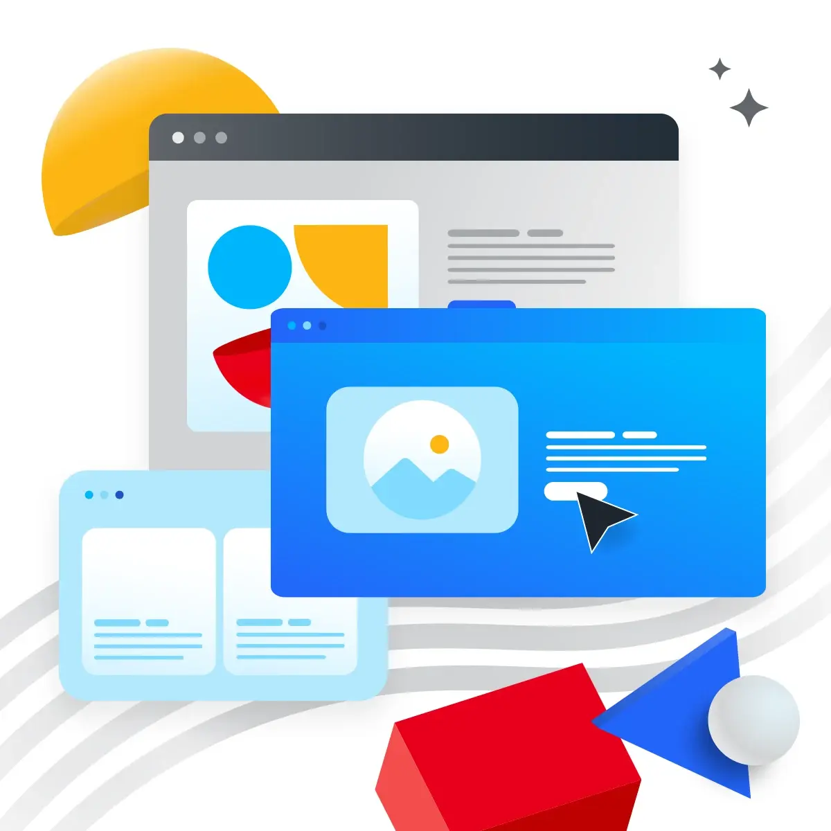 Placeholder images and text inside sample modal windows on a background of abstract, multicolored geometric shapes
