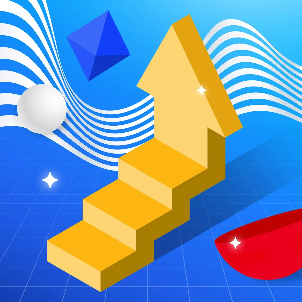 Abstract 3D image with a golden staircase arrow, floating shapes, and wavy white lines on a blue grid background