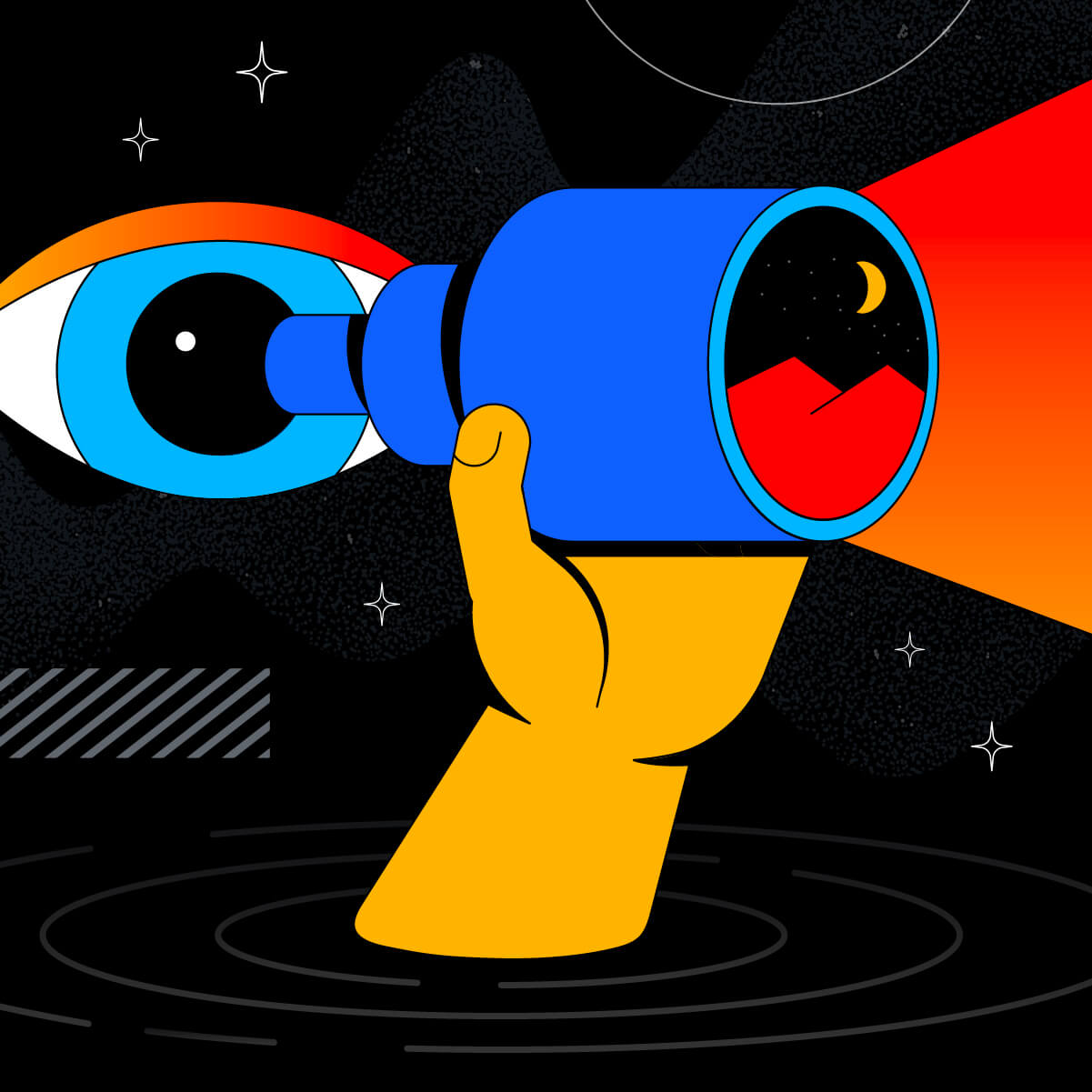 An illustration showing a hand holding a telescope to an eye, revealing a night scene against an abstract backdrop