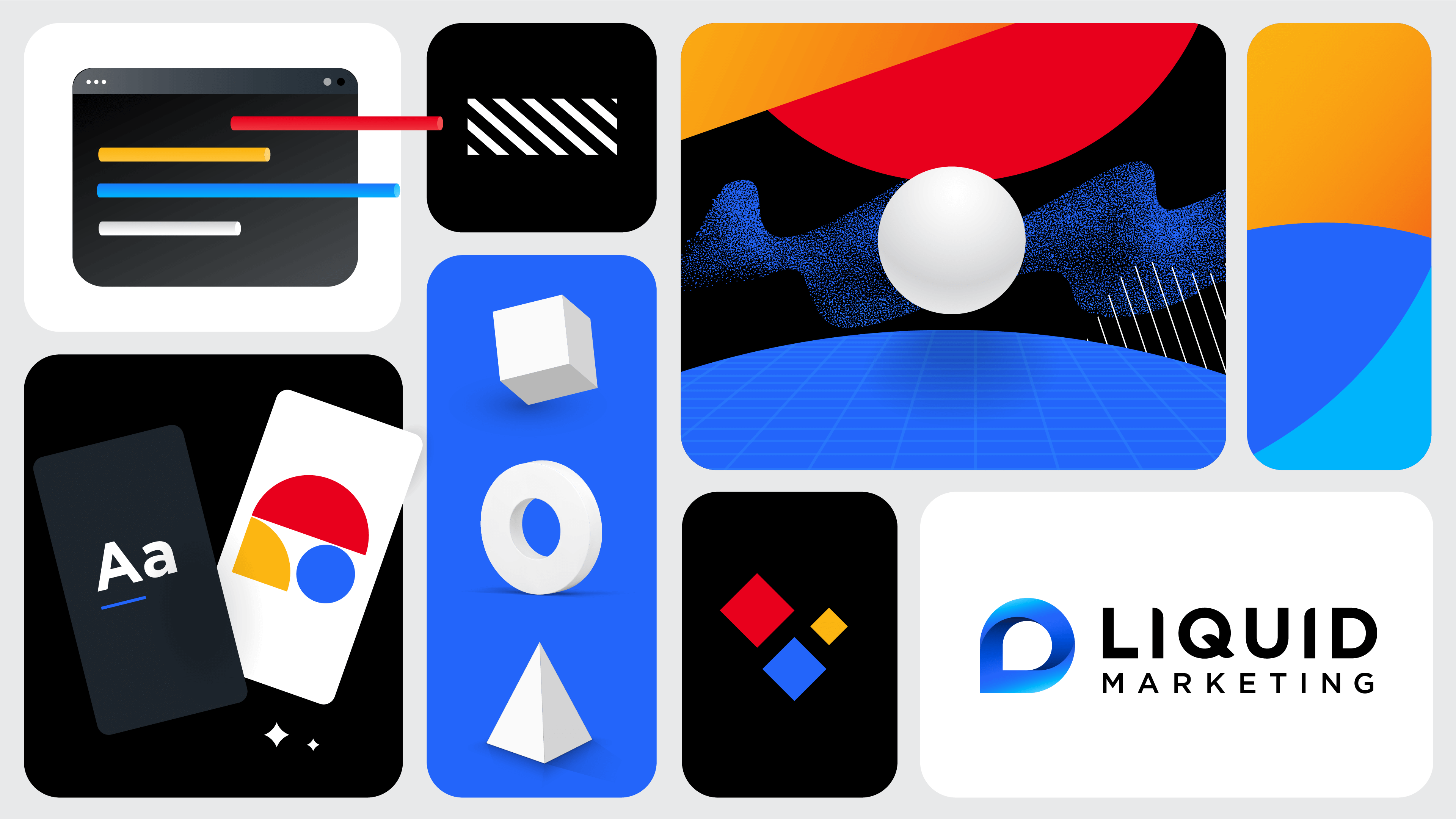 Colorful geometric shapes and UI elements in a modern grid layout.