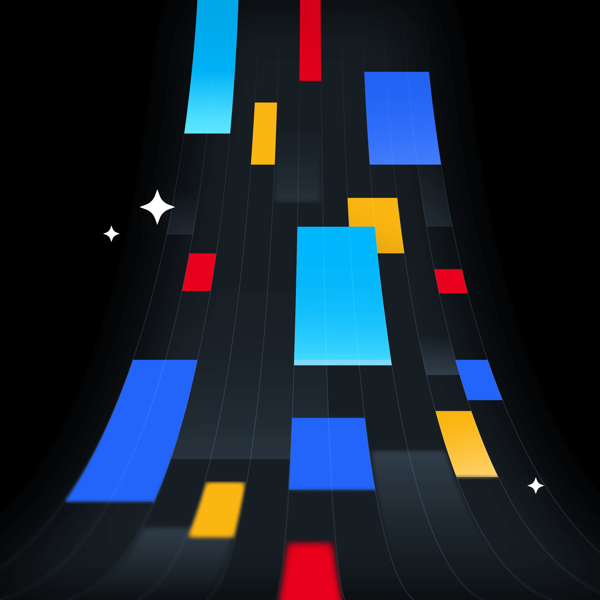 Abstract digital art featuring colorful Tetris-like blocks on a dark, curved path with subtle starbursts.