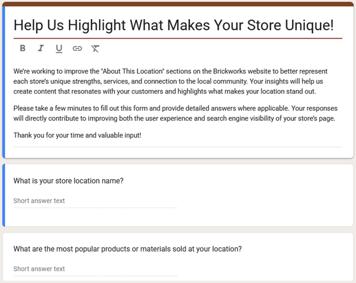 google form example for gathering location page content