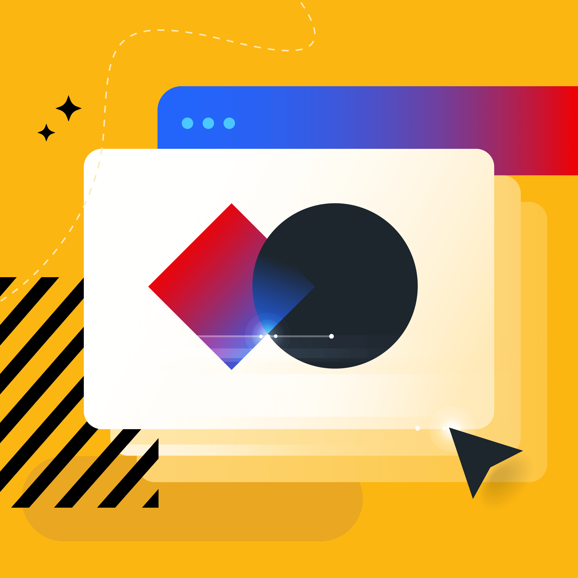 A stylized illustration showing a white window with a red diamond and a black circle, indicating visual hierarchy concepts, on a bright yellow background