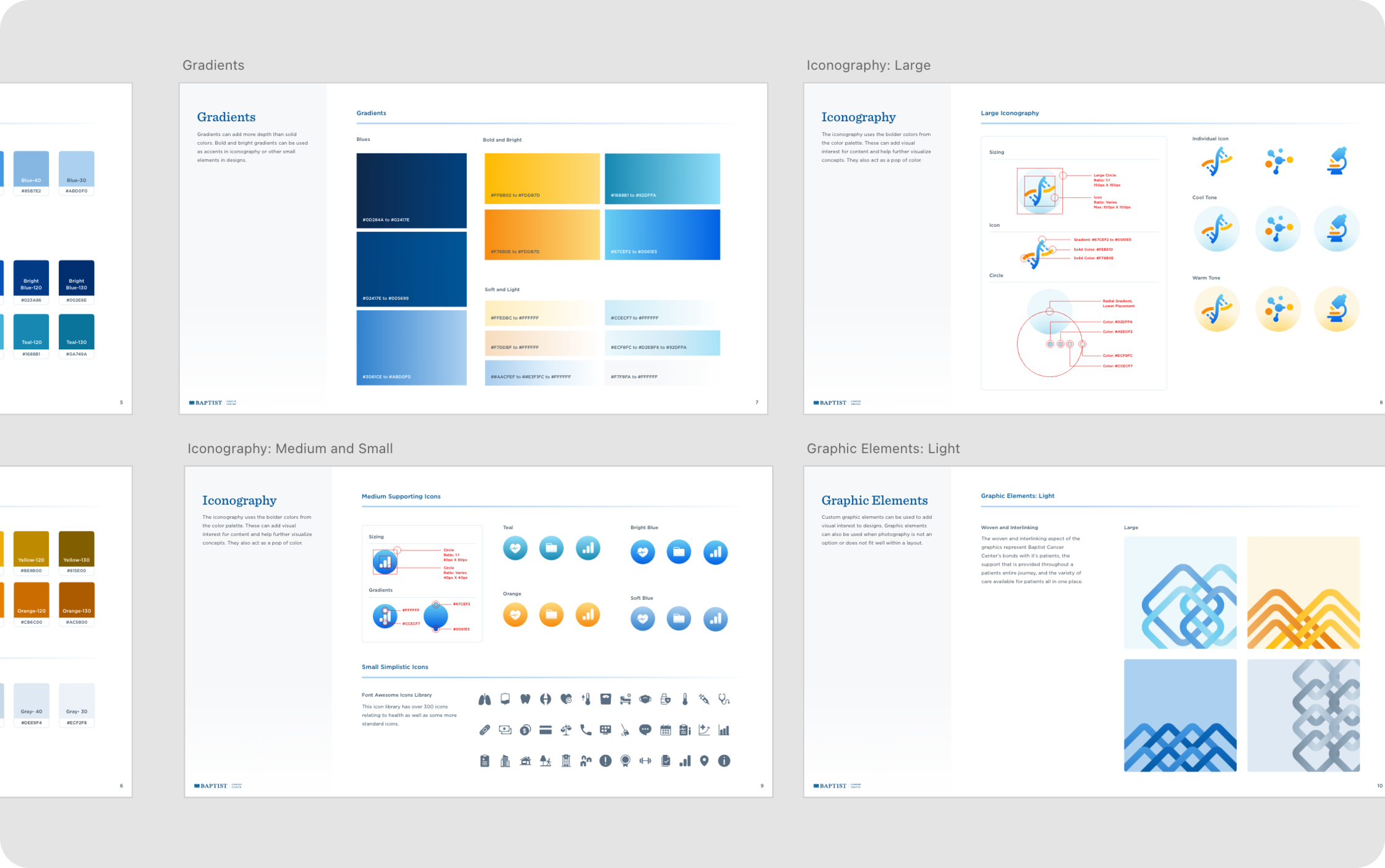Baptist Cancer Center brand guidelines showing gradients, iconography styles, and light graphic elements used in digital and print design
