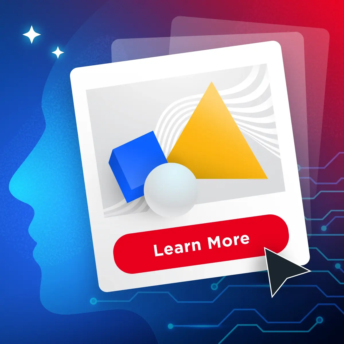 A dialog window with abstract shapes popping out and a cursor clicking a learn-more button on a stylized background