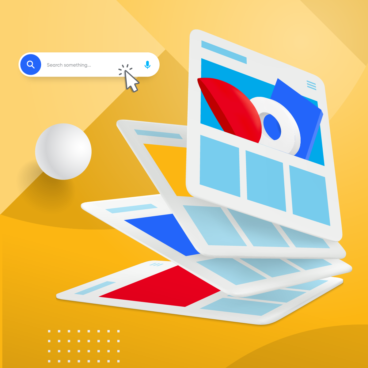 Search results pages with 3D elements, illustrating a website or content appearing in a search engine