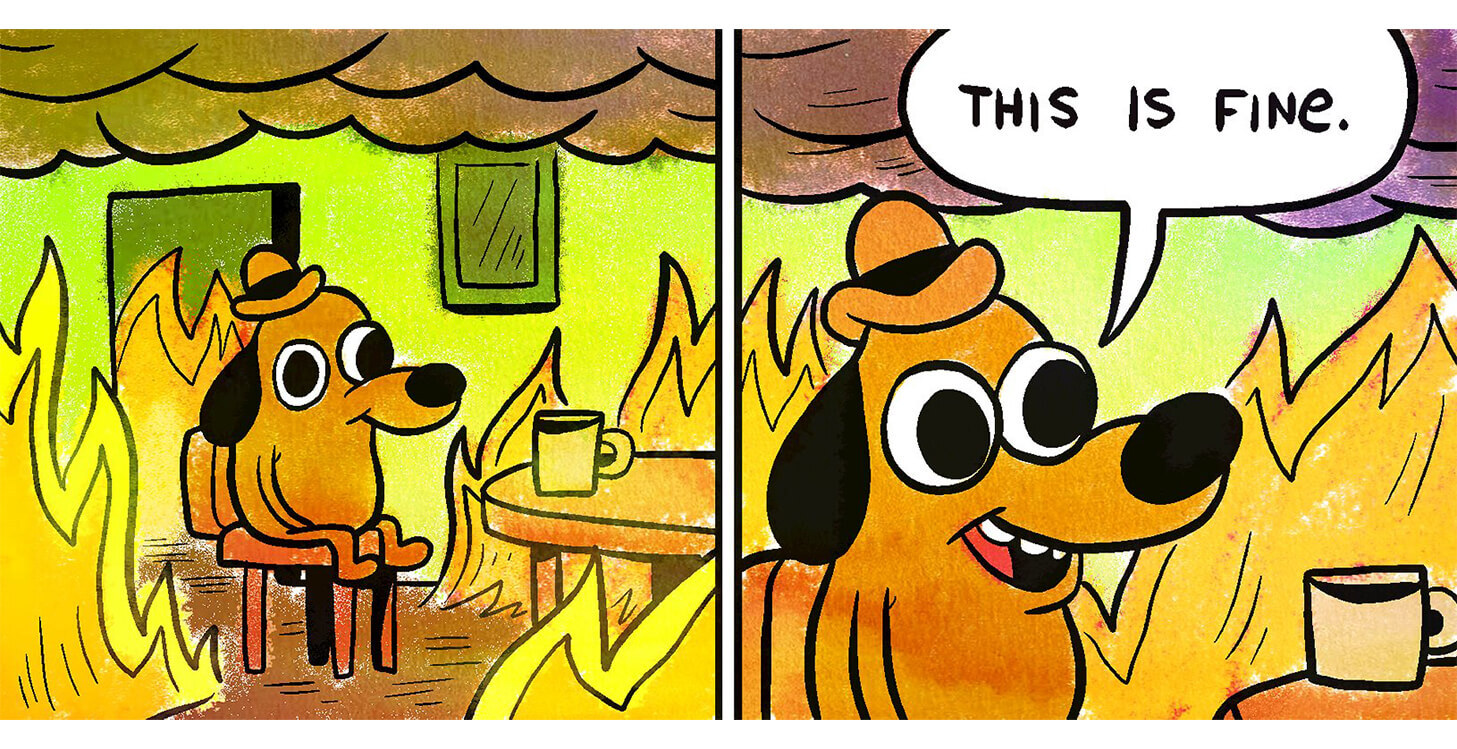 This is fine meme: A two panel image showing a dog calmly sitting with a cup of coffee in a burning room, then exclaiming ‘This is fine.'