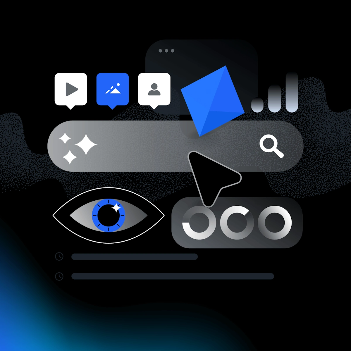 Stylized illustration of a large search bar, a prominent blue eye, and a cursor clicking on the search area, symbolizing SEO, user intent, and data analytics.