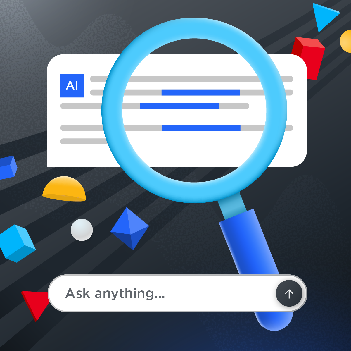 A magnifying glass inspecting a text block with abstract geometric shapes in the background and a search bar at the bottom.