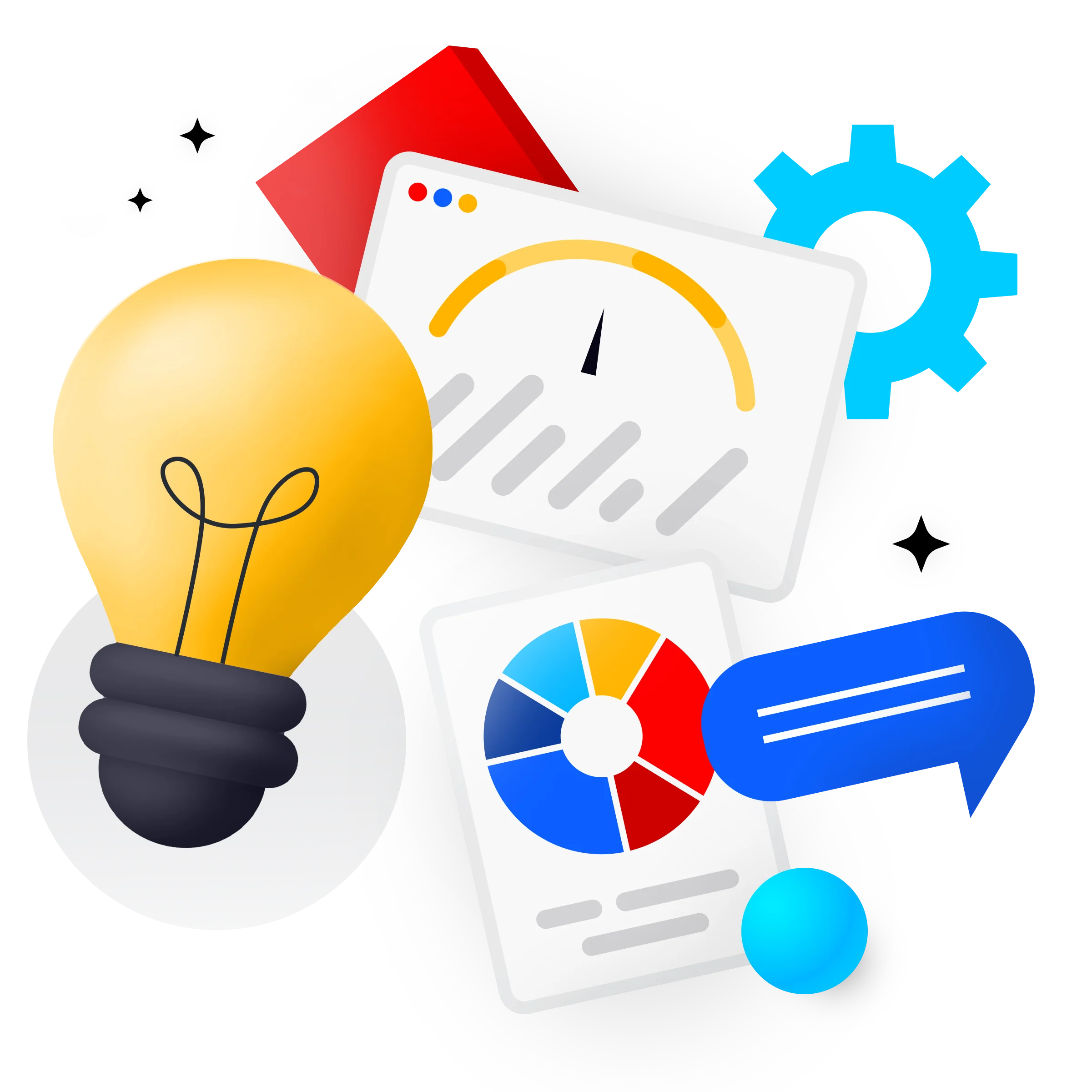Illustration of charts along with a lightbulb, speech bubble, and a variety of shapes.