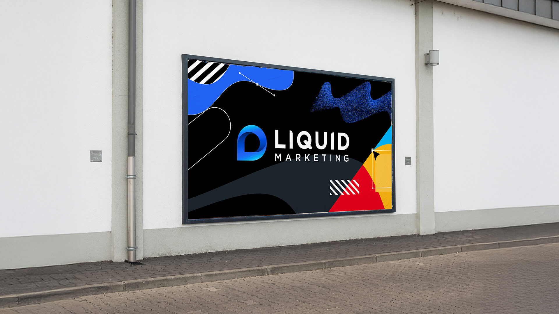 Liquid Marketing billboard with bold abstract artwork.