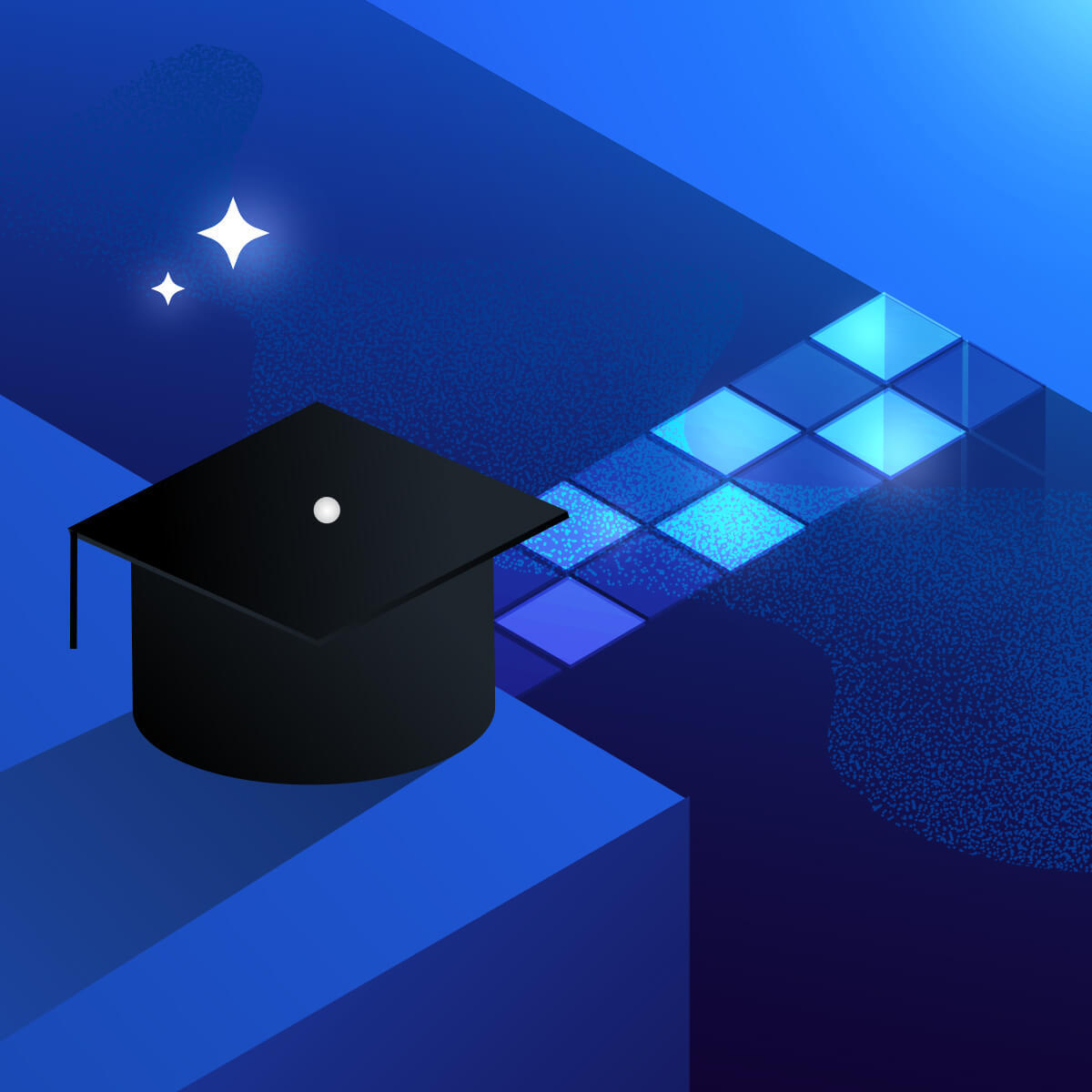 A black graduation cap on a stylized blue background featuring a tiled pathway