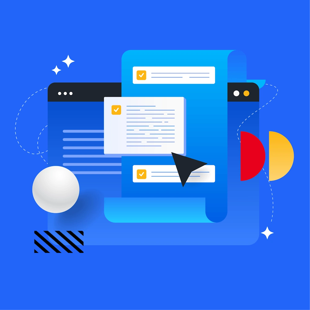A stylized illustration representing a digital workflow, showing a cursor checking off items on several document.