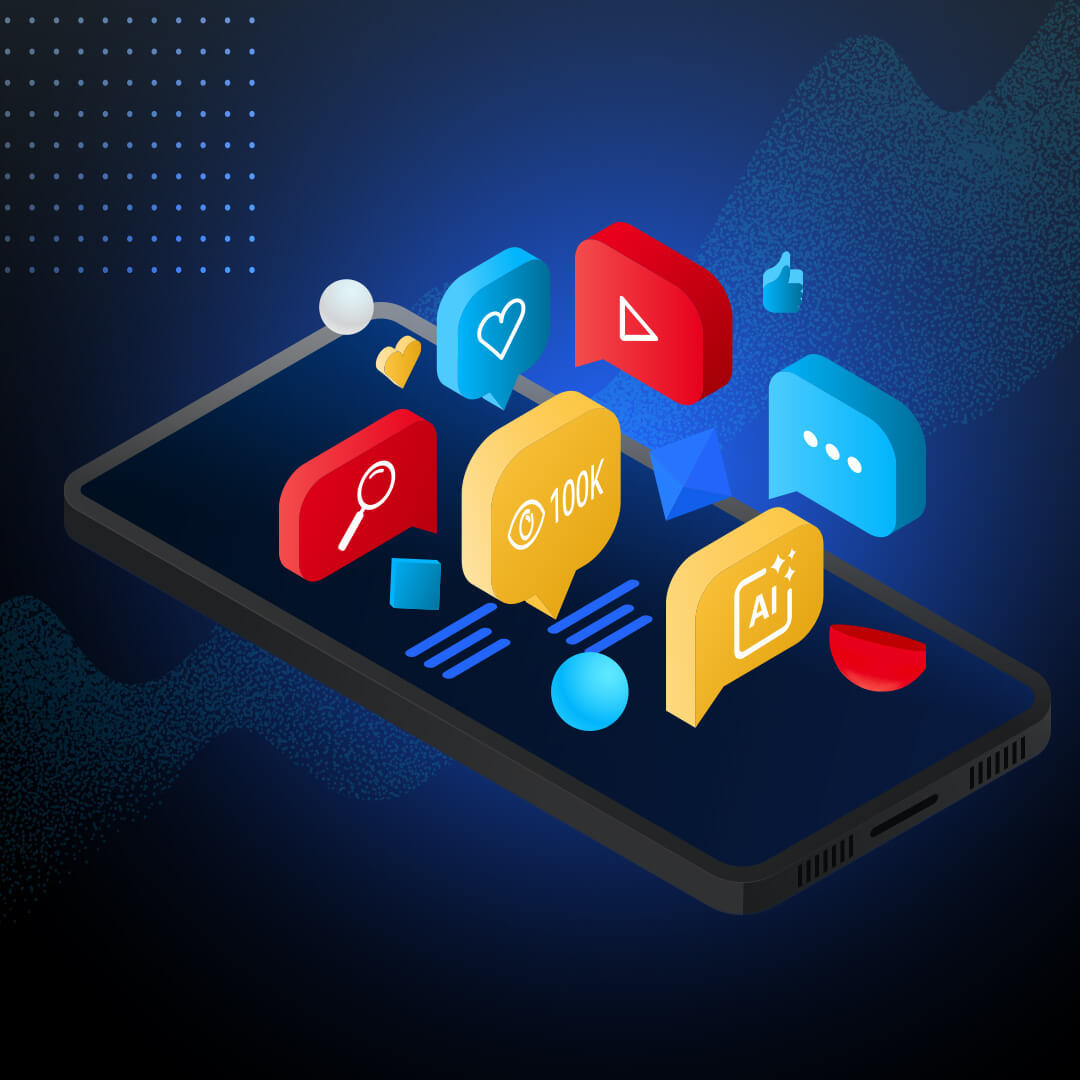 Multicolored 3D speech bubbles and symbols emerging out of the screen of a smartphone