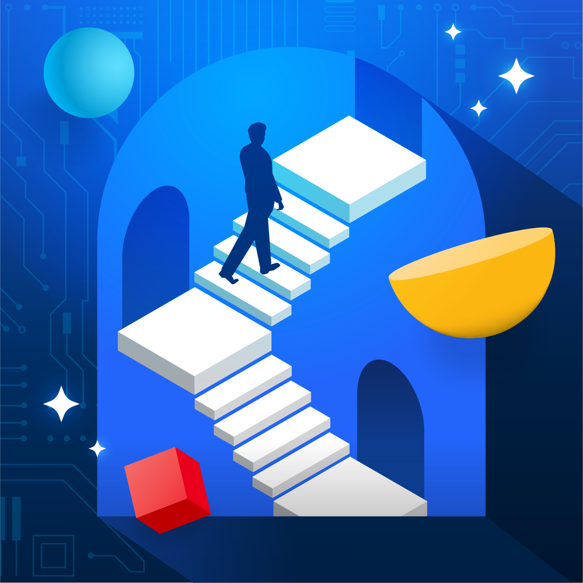 An abstract illustration of a person's silhouette climbing a white staircase within a blue architectural structure