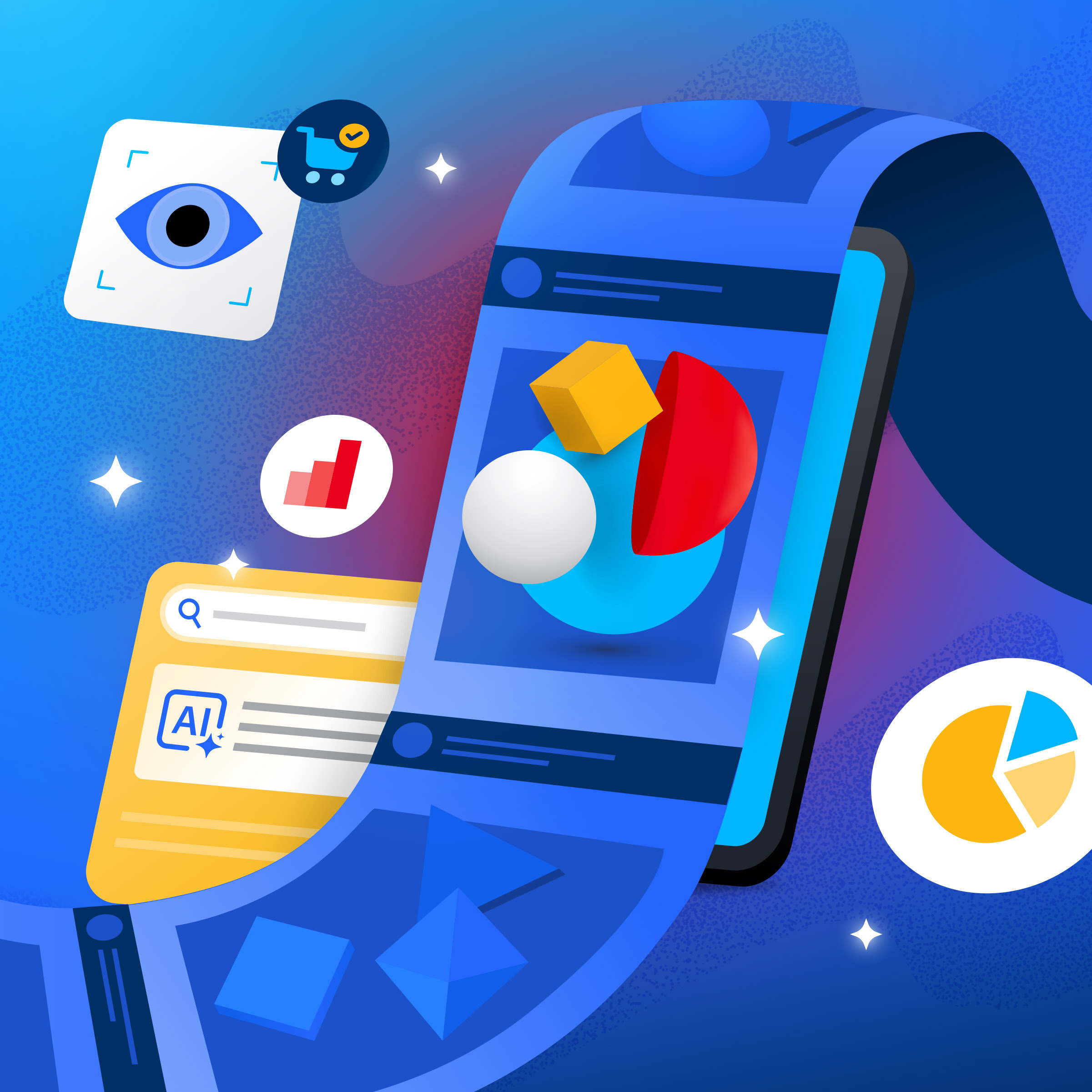 Multicolored abstract shapes forming pictures on a film roll over a smartphone with floating background iconography
