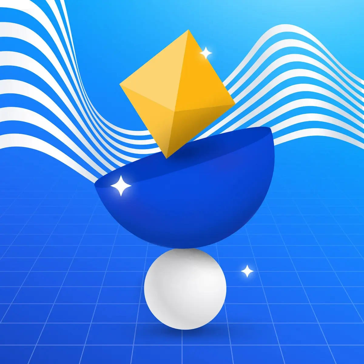 Abstract 3D composition featuring a yellow pyramid balancing on a blue bowl, which is stacked on a white sphere, with a blue grid background and flowing white wave lines