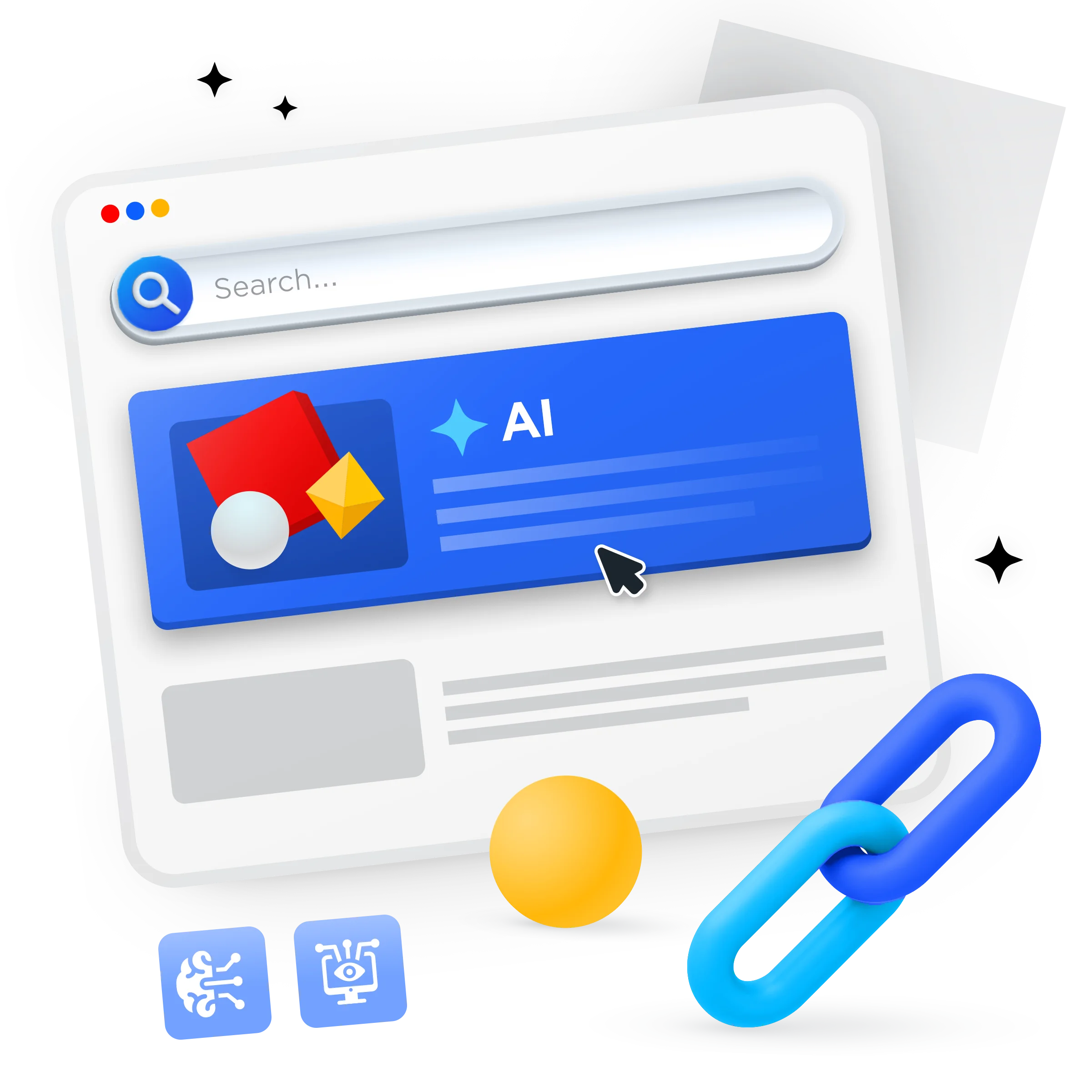 An illustration of AI search results along with a 3D link, AI icons, and shapes.