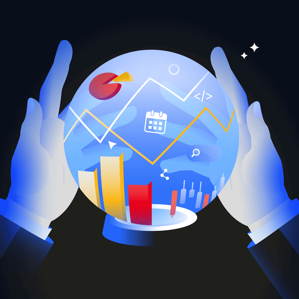 Illustration of hands surrounding a glowing crystal ball filled with data charts, graphs, and icons representing analytics, coding, and calendar events